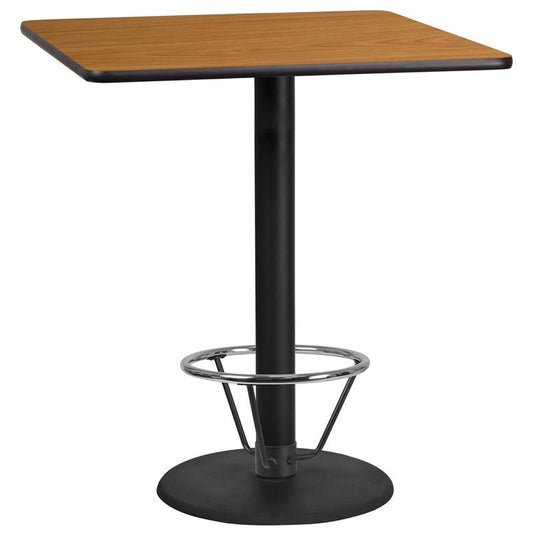 36'' Square Natural Table Top - 24'' Round Bar Height Table Base and Foot Ring