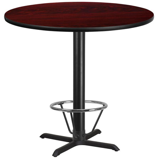 42'' Round Mahogany Table Top - 33''x33'' Bar Height Table Base and Foot Ring