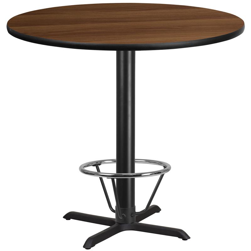 42'' Round Walnut Table Top with 33''x33'' Bar Height Table Base and Foot Ring