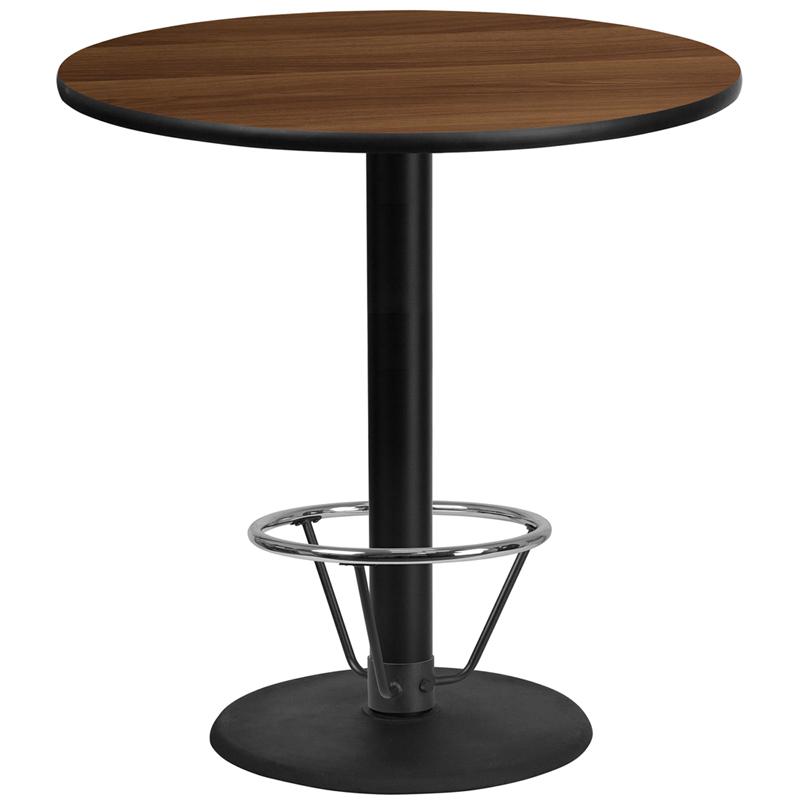 42'' Round Walnut Table Top with 24'' Round Bar Height Table Base and Foot Ring