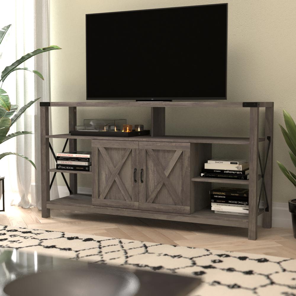 Wyatt 60" Modern Farmhouse Tall TV Console Cabinet with Storage Cabinets and Shelves for TV's up to 60", Gray Wash