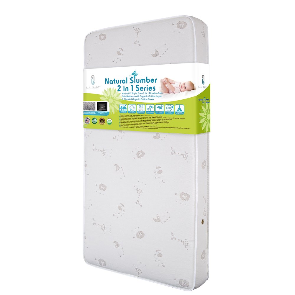 2-in-1 Dual Sided Crib and Toddler Mattress with Breathe-Safe Fabric & 100% Organic Cotton Top Layer on Waterproof Covers