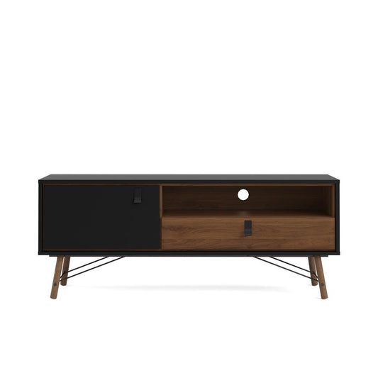 1 Door, 1 Drawer TV Stand with Open Shelf Black Matte/Walnut