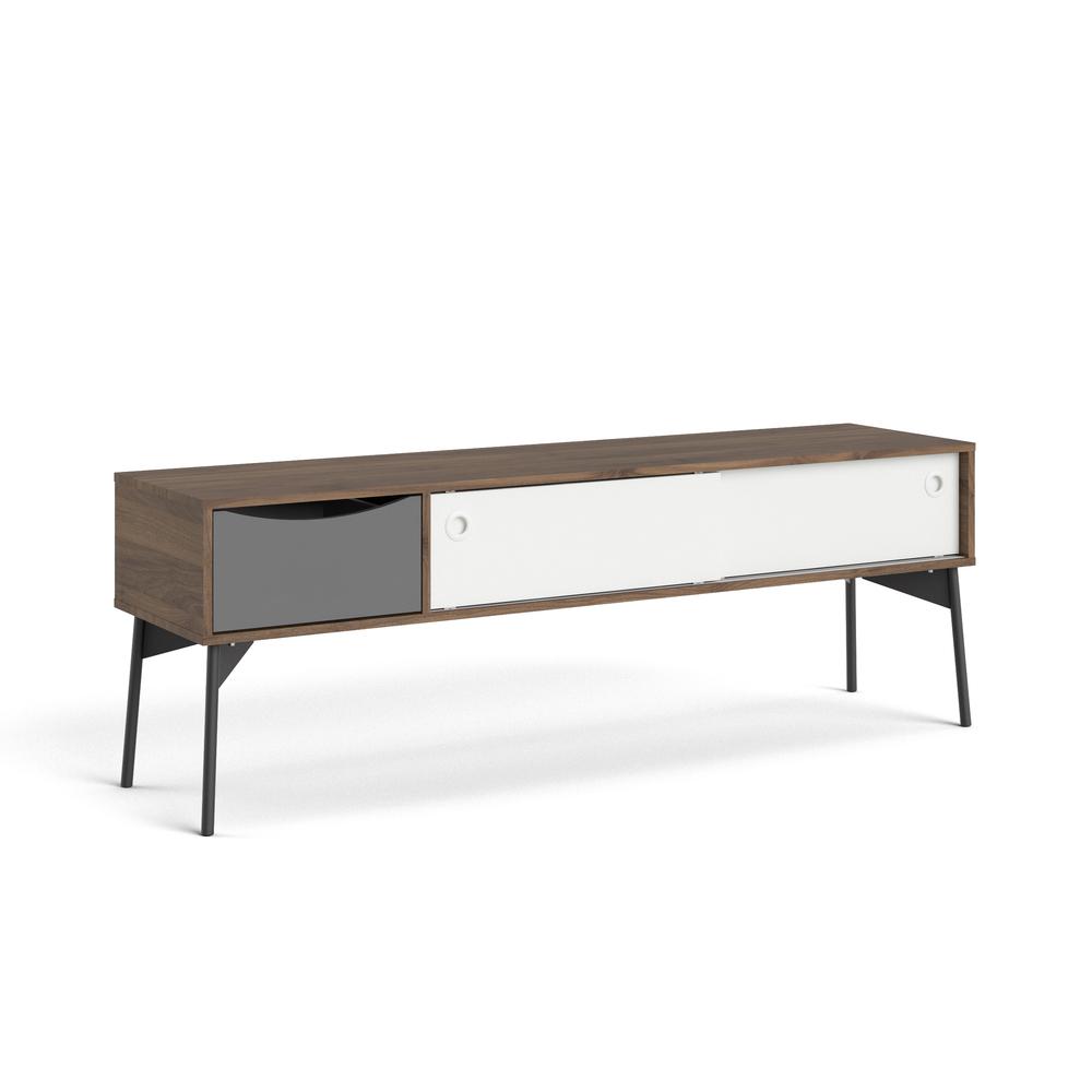 Fur 1 Drawer TV Stand with 2 Sliding Doors, Walnut/White Matte/Grey