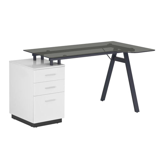 Modern Home Office Computer Desk with smoke tempered glass top & storage - White