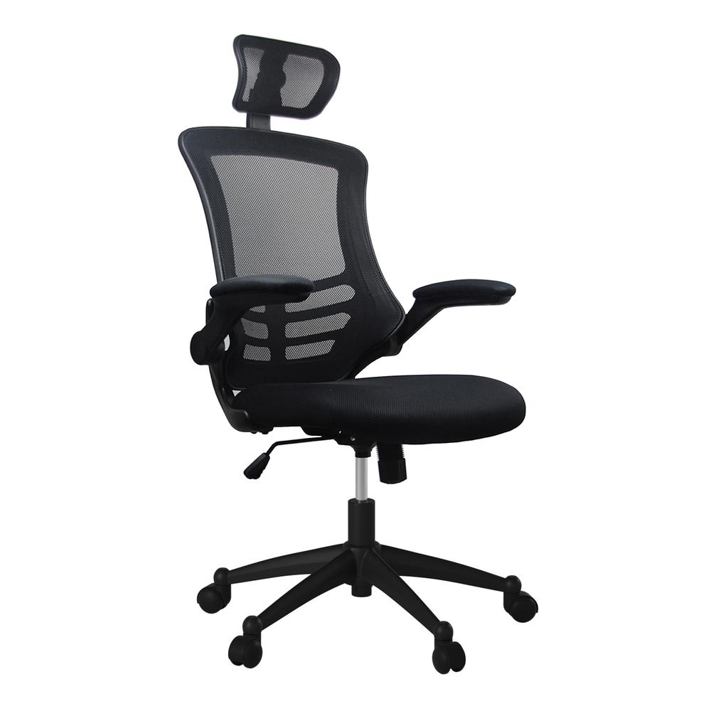 Modern High-Back Mesh Executive Office Chair With Headrest And Flip Up Arms. Color: Black