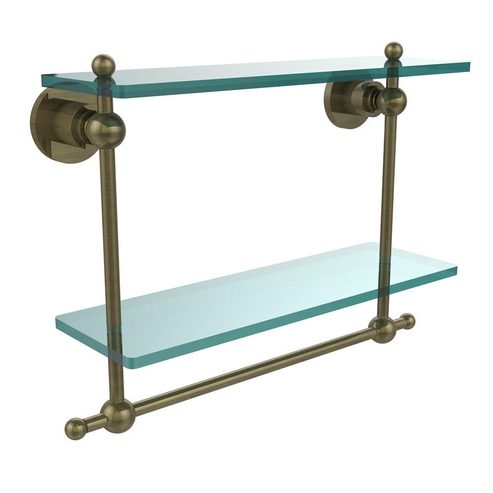 AP-2TB/16-ABR Astor Place Collection 16 Inch Two Tiered Glass Shelf with Integrated Towel Bar, Antique Brass