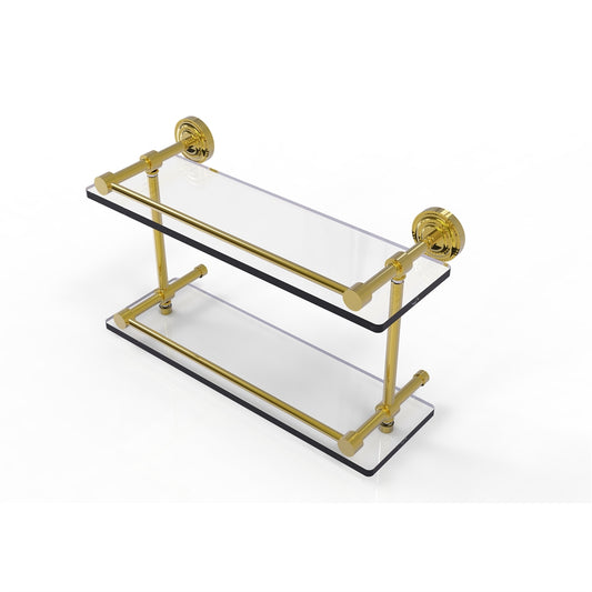 DT-2/16-GAL-UNL Dottingham 16 Inch Double Glass Shelf with Gallery Rail, Unlacquered Brass