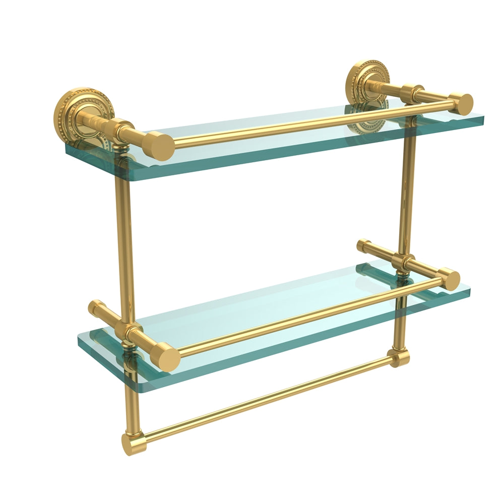 DT-2TB/16-GAL-PB Dottingham 16 Inch Gallery Double Glass Shelf with Towel Bar, Polished Brass