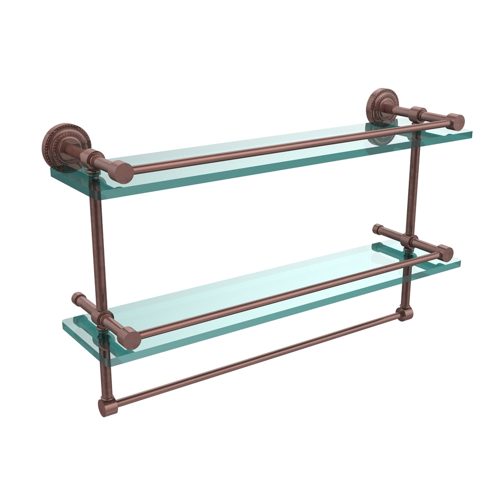 DT-2TB/22-GAL-CA Dottingham 22 Inch Gallery Double Glass Shelf with Towel Bar, Antique Copper