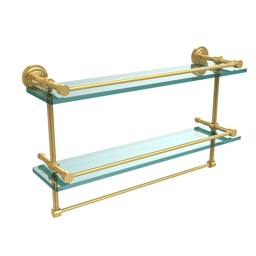 DT-2TB/22-GAL-UNL Dottingham 22 Inch Gallery Double Glass Shelf with Towel Bar, Unlacquered Brass