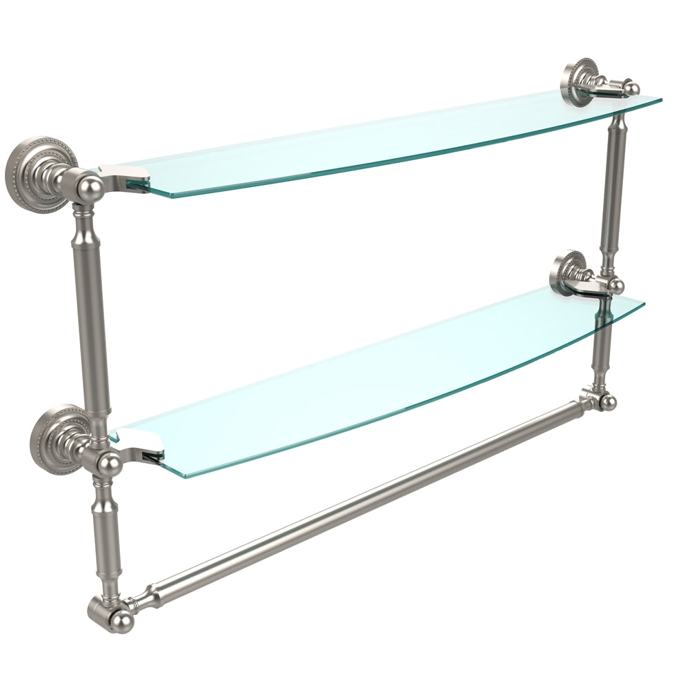 DT-34TB/24-SN Dottingham Collection 24 Inch Two Tiered Glass Shelf with Integrated Towel Bar, Satin Nickel