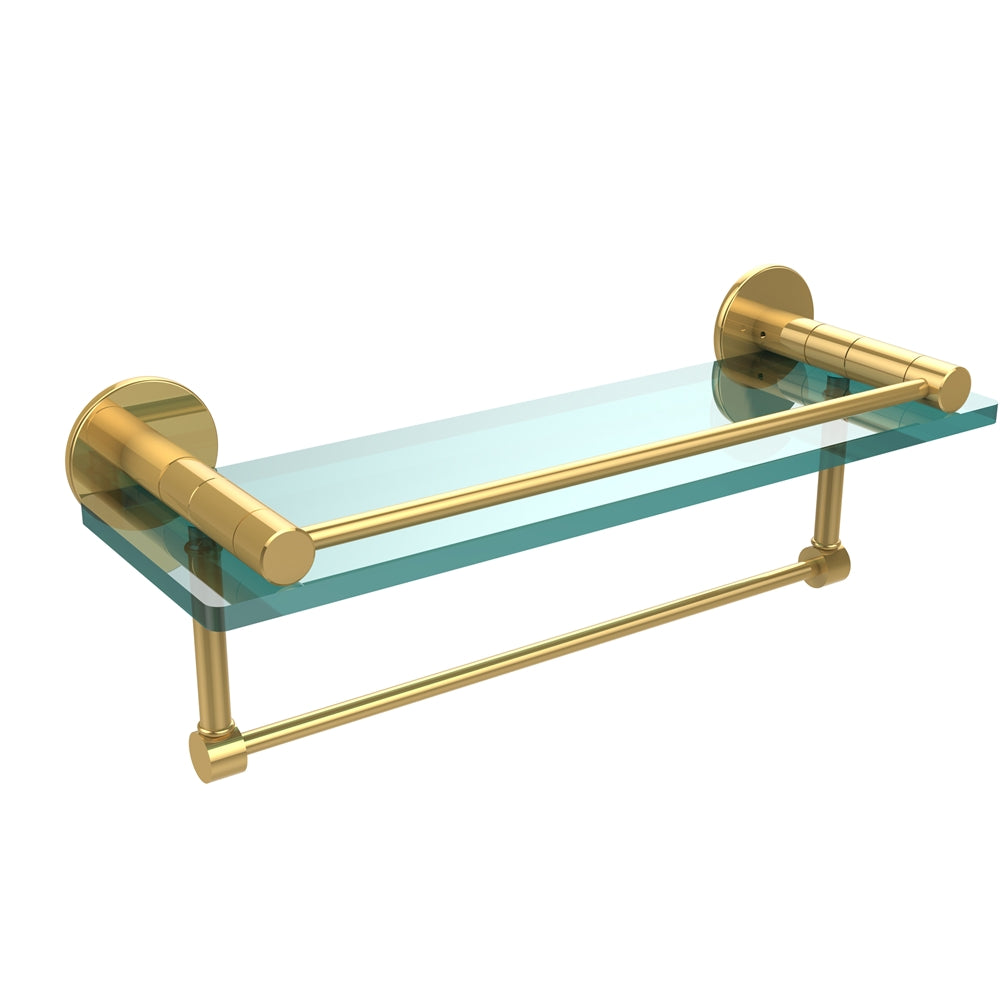 FR-1/16GTB-UNL Fresno Collection 16 Inch Glass Shelf with Vanity Rail and Integrated Towel Bar, Unlacquered Brass