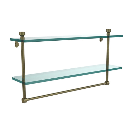 FT-2/22TB-ABR Foxtrot Collection 22 Inch Two Tiered Glass Shelf with Integrated Towel Bar, Antique Brass