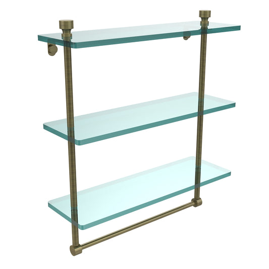 FT-5/16TB-ABR Foxtrot Collection 16 Inch Triple Tiered Glass Shelf with Integrated Towel Bar, Antique Brass