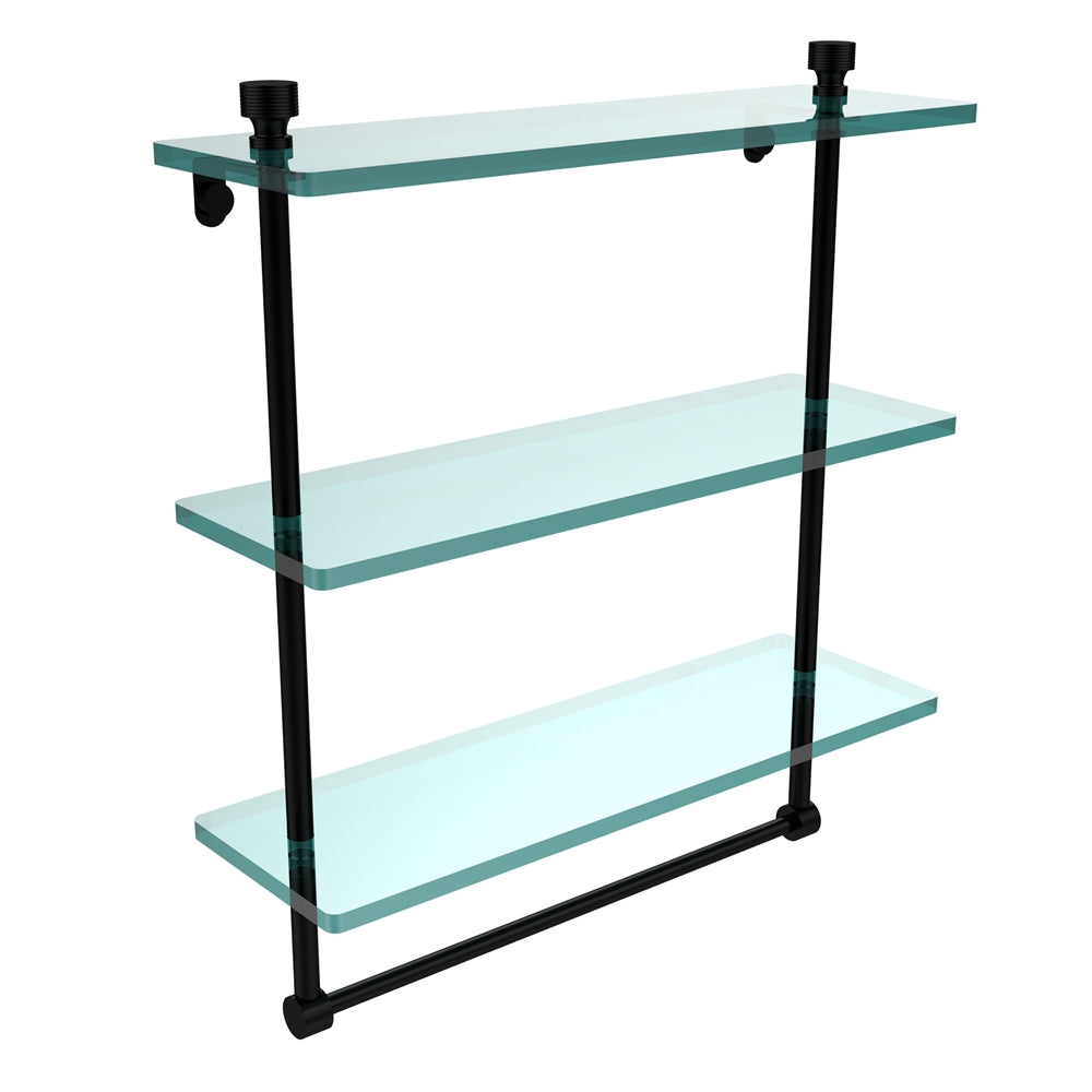 FT-5/16TB-BKM Foxtrot Collection 16 Inch Triple Tiered Glass Shelf with Integrated Towel Bar, Matte Black