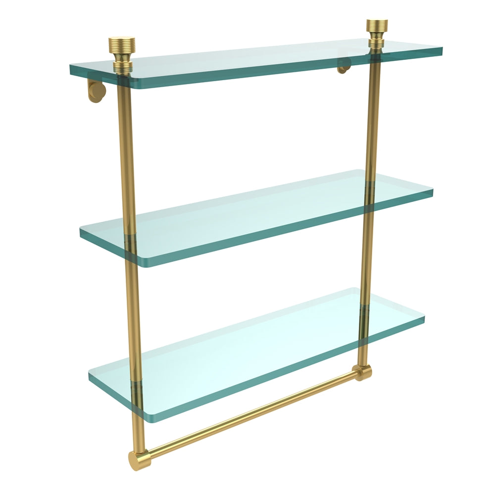 FT-5/16TB-PB Foxtrot Collection 16 Inch Triple Tiered Glass Shelf with Integrated Towel Bar, Polished Brass