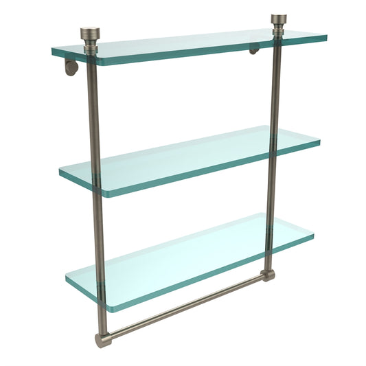 FT-5/16TB-PEW Foxtrot Collection 16 Inch Triple Tiered Glass Shelf with Integrated Towel Bar, Antique Pewter