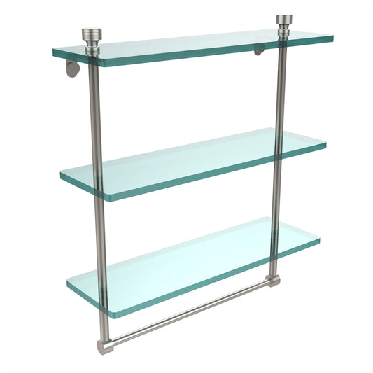 FT-5/16TB-SN Foxtrot Collection 16 Inch Triple Tiered Glass Shelf with Integrated Towel Bar, Satin Nickel