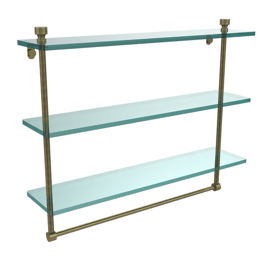 FT-5/22TB-ABR Foxtrot Collection 22 Inch Triple Tiered Glass Shelf with Integrated Towel Bar, Antique Brass