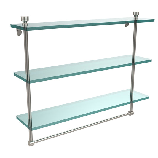 FT-5/22TB-SN Foxtrot Collection 22 Inch Triple Tiered Glass Shelf with Integrated Towel Bar, Satin Nickel