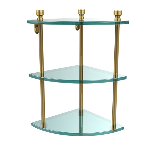 FT-6-PB Foxtrot Collection Three Tier Corner Glass Shelf, Polished Brass