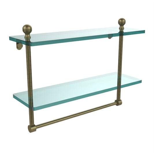 MA-2/16TB-ABR Mambo Collection 16 Inch Two Tiered Glass Shelf with Integrated Towel Bar, Antique Brass