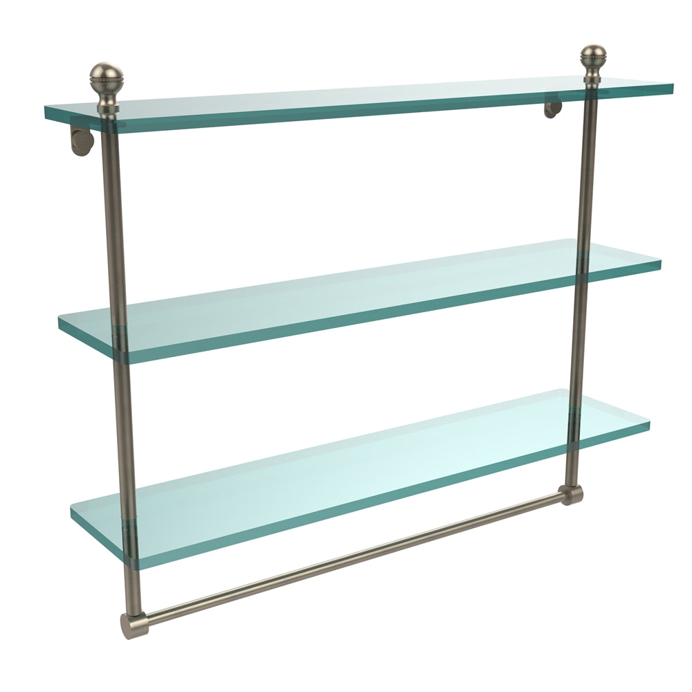 MA-5/22TB-PEW Mambo Collection 22 Inch Triple Tiered Glass Shelf with Integrated Towel Bar, Antique Pewter