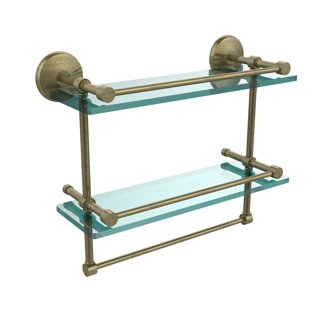 MC-2TB/16-GAL-ABR Monte Carlo Collection 16 Inch Gallery Double Glass Shelf with Towel Bar, Antique Brass