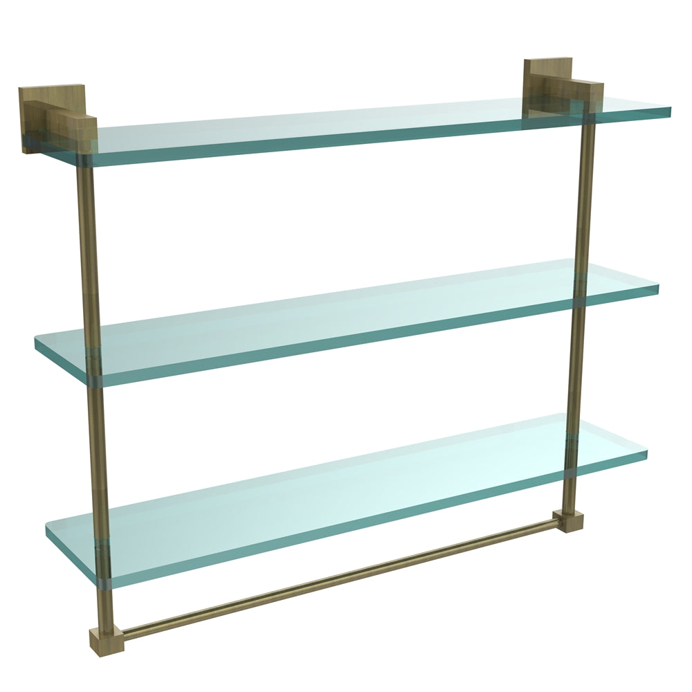 MT-5-22TB-ABR Montero Collection 22 Inch Triple Tiered Glass Shelf with integrated towel bar, Antique Brass