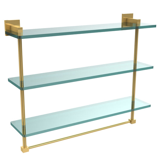 MT-5-22TB-PB Montero Collection 22 Inch Triple Tiered Glass Shelf with integrated towel bar, Polished Brass