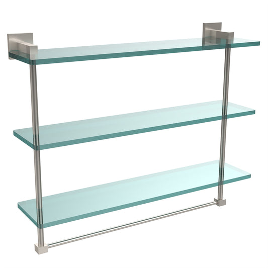 MT-5-22TB-SN Montero Collection 22 Inch Triple Tiered Glass Shelf with integrated towel bar, Satin Nickel