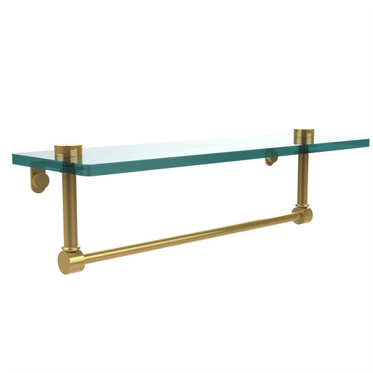 NS-1/16TB-UNL 16 Inch Glass Vanity Shelf with Integrated Towel Bar, Unlacquered Brass