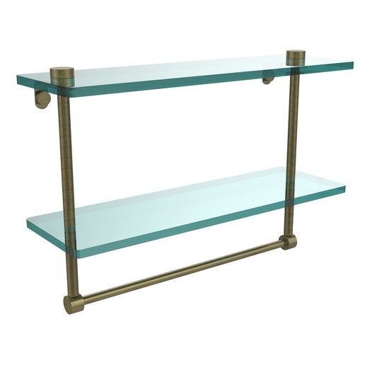 NS-2/16TB-ABR 16 Inch Two Tiered Glass Shelf with Integrated Towel Bar, Antique Brass