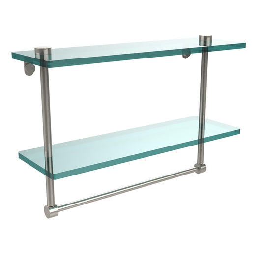 NS-2/16TB-PNI 16 Inch Two Tiered Glass Shelf with Integrated Towel Bar, Polished Nickel