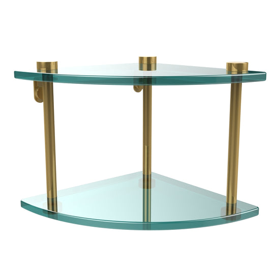 NS-3-PB Two Tier Corner Glass Shelf, Polished Brass