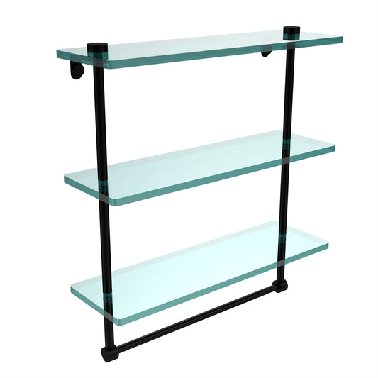 NS-5/16TB-BKM 16 Inch Triple Tiered Glass Shelf with Integrated Towel Bar, Matte Black