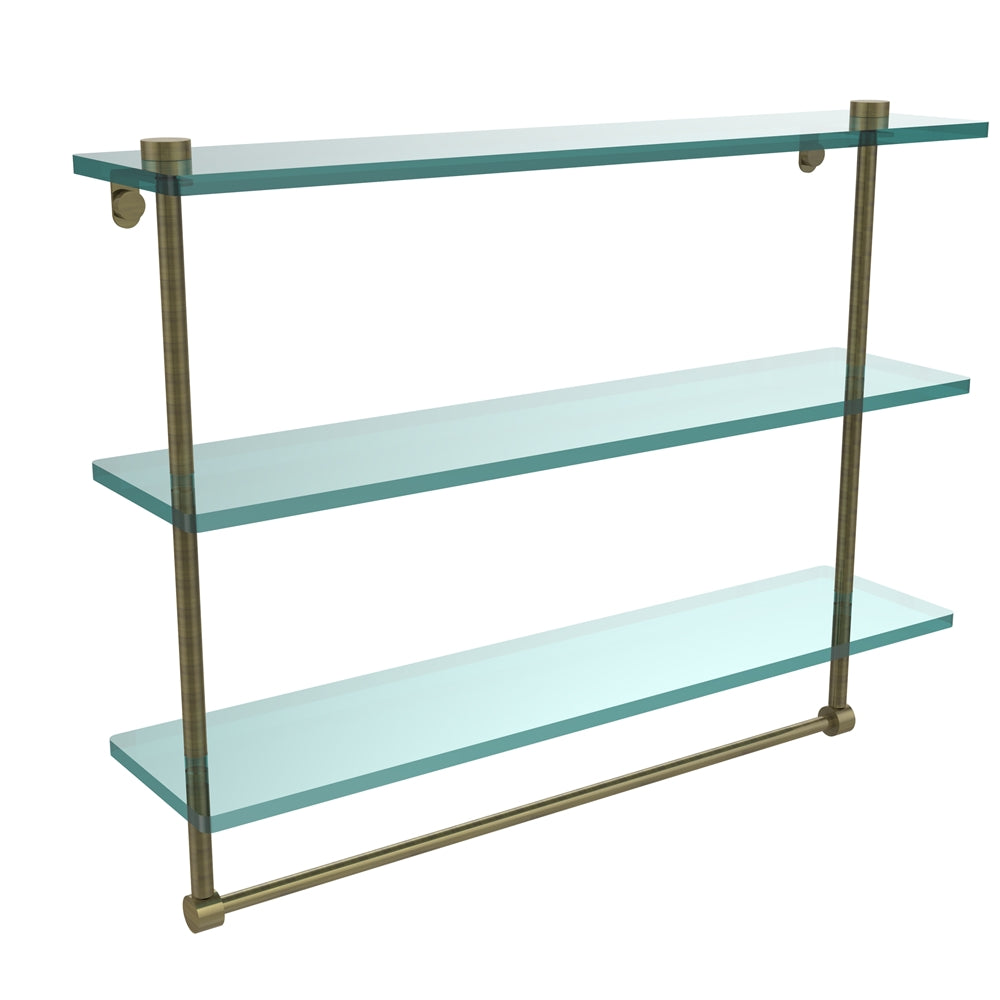 NS-5/22TB-ABR 22 Inch Triple Tiered Glass Shelf with Integrated Towel Bar, Antique Brass