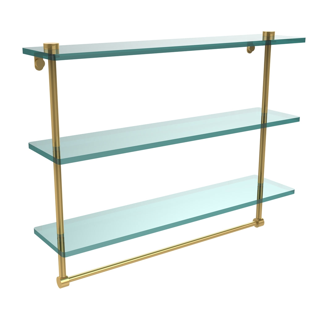 NS-5/22TB-PB 22 Inch Triple Tiered Glass Shelf with Integrated Towel Bar, Polished Brass