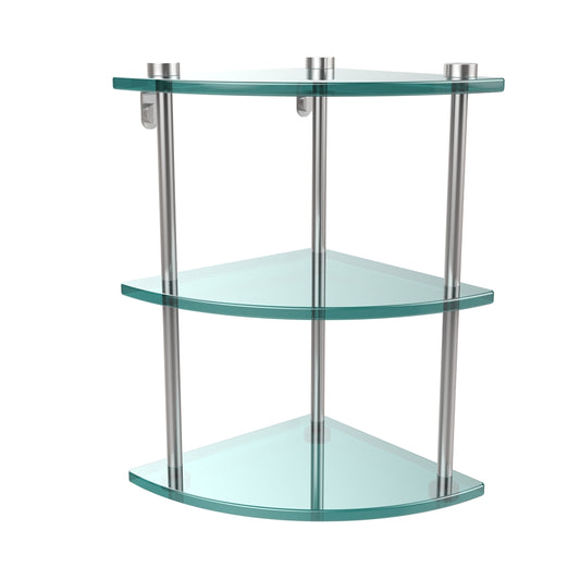 NS-6-SCH Three Tier Corner Glass Shelf, Satin Chrome