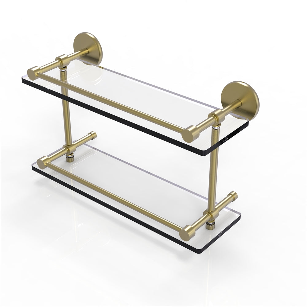 P1000-2/16-GAL-SBR 16 Inch Tempered Double Glass Shelf with Gallery Rail, Satin Brass