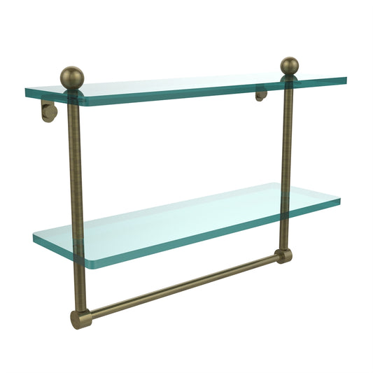 PR-2/16TB-ABR 16 Inch Two Tiered Glass Shelf with Integrated Towel Bar, Antique Brass