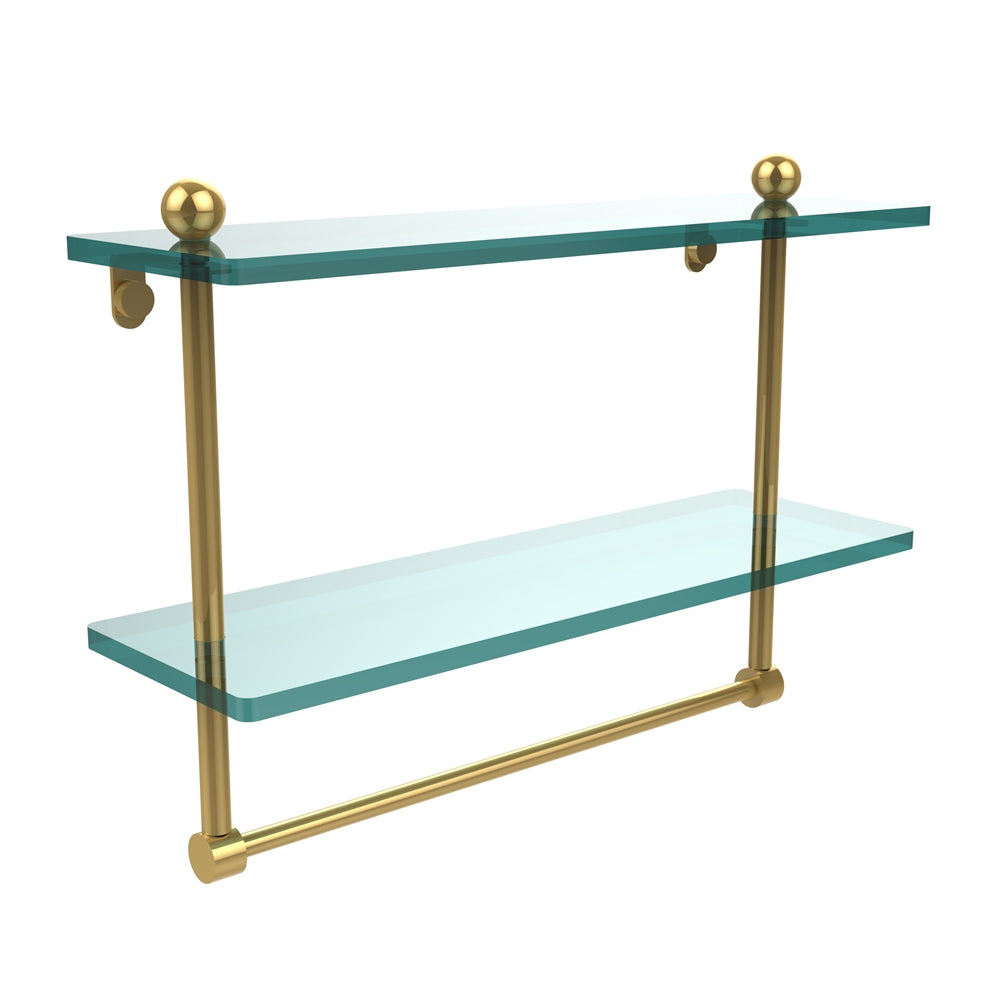 PR-2/16TB-PB 16 Inch Two Tiered Glass Shelf with Integrated Towel Bar, Polished Brass