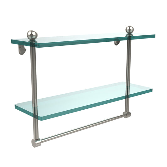 PR-2/16TB-PNI 16 Inch Two Tiered Glass Shelf with Integrated Towel Bar, Polished Nickel