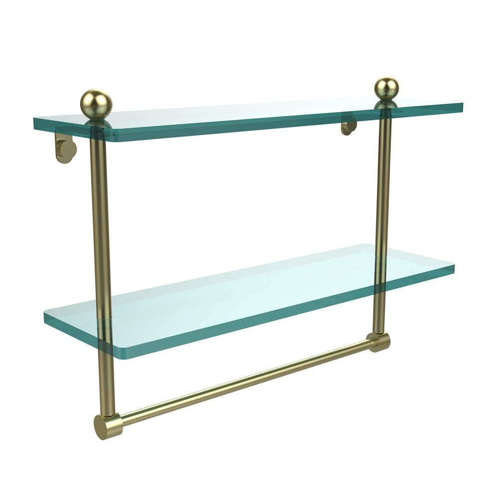 PR-2/16TB-SBR 16 Inch Two Tiered Glass Shelf with Integrated Towel Bar, Satin Brass