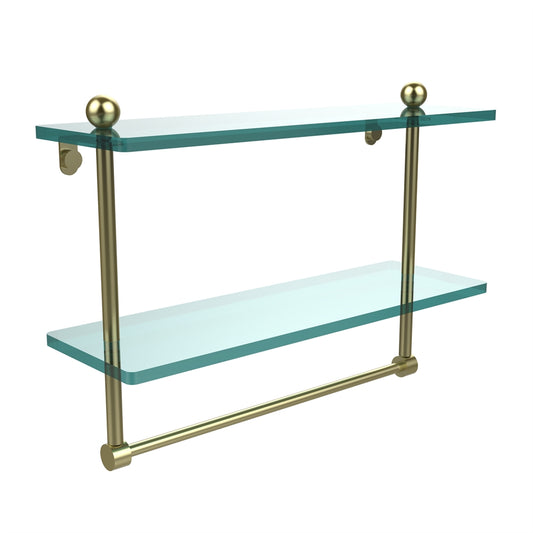 PR-2/16TB-SBR 16 Inch Two Tiered Glass Shelf with Integrated Towel Bar, Satin Brass