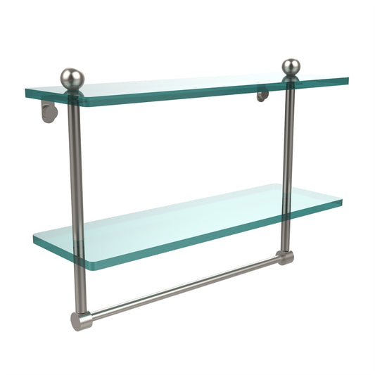 PR-2/16TB-SN 16 Inch Two Tiered Glass Shelf with Integrated Towel Bar, Satin Nickel