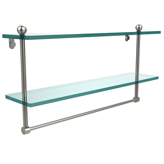 PR-2/22TB-SN 22 Inch Two Tiered Glass Shelf with Integrated Towel Bar, Satin Nickel