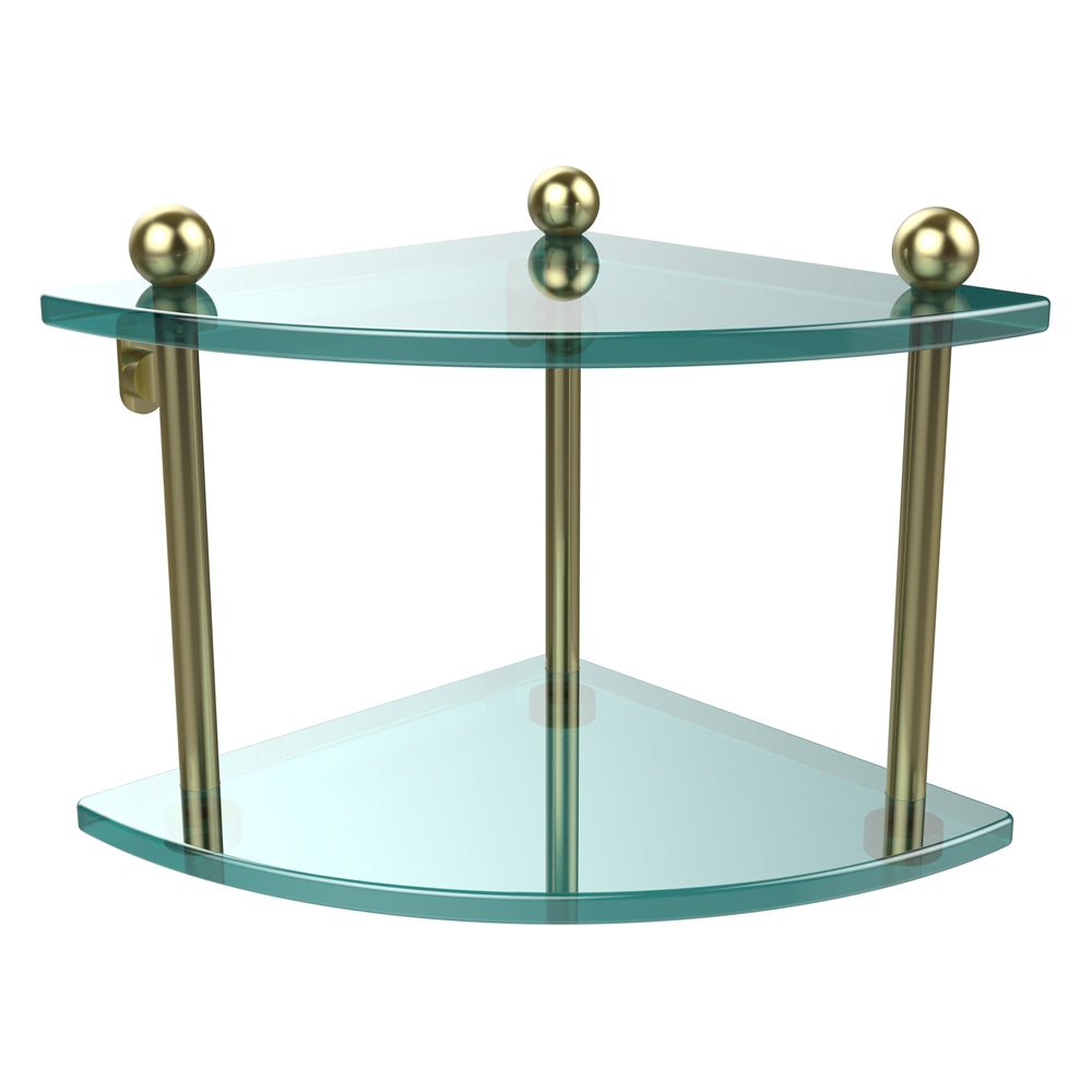 PR-3-SBR Two Tier Corner Glass Shelf, Satin Brass