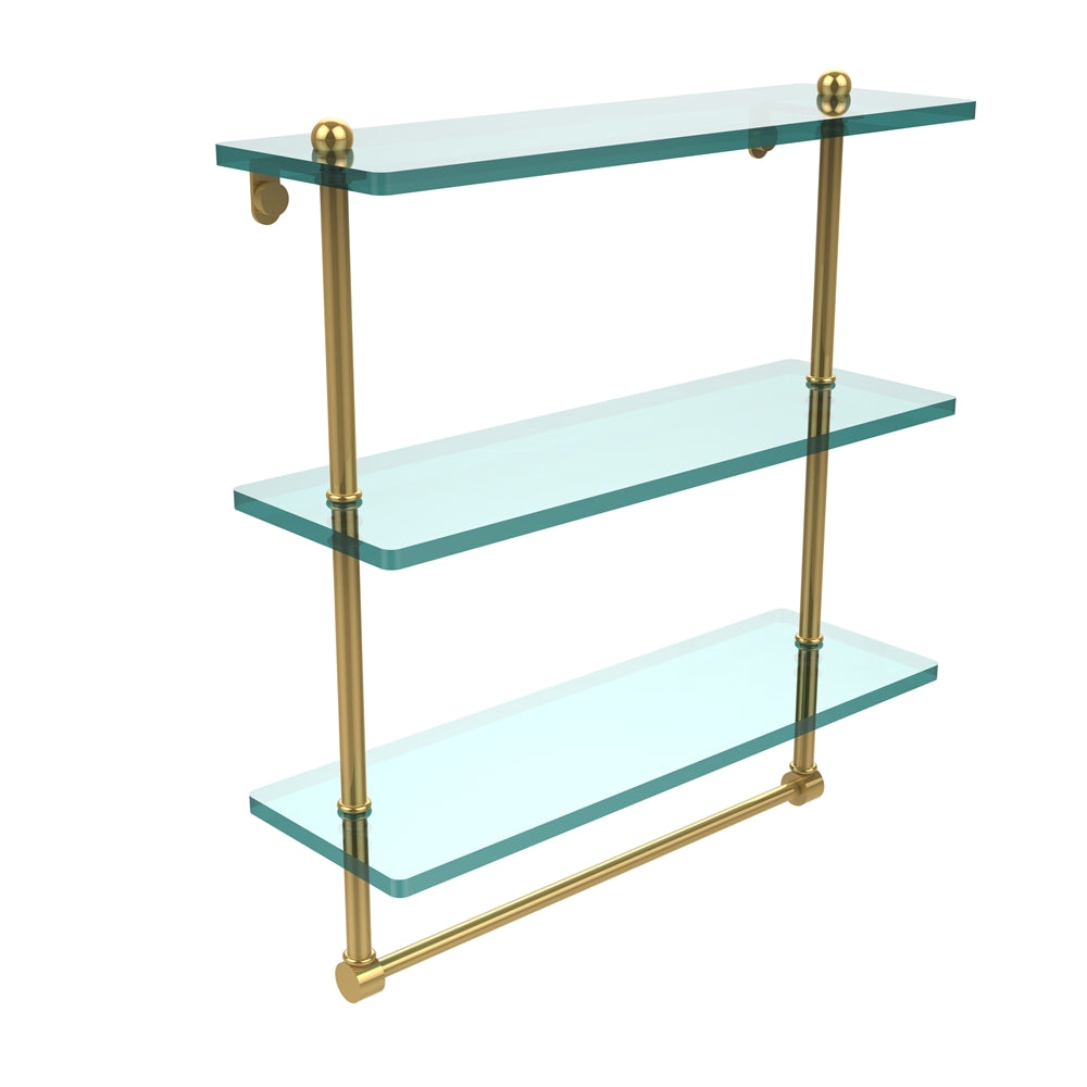 PR-5/16TB-PB 16 Inch Triple Tiered Glass Shelf with Integrated Towel Bar, Polished Brass